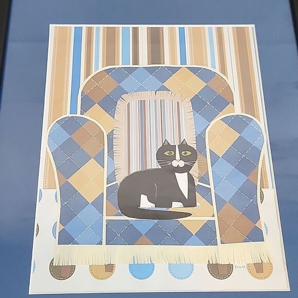 Handmade Papercraft Framed Cat Art Original with Blue and Brown Accents 14"X17" - Picture 2 of 6